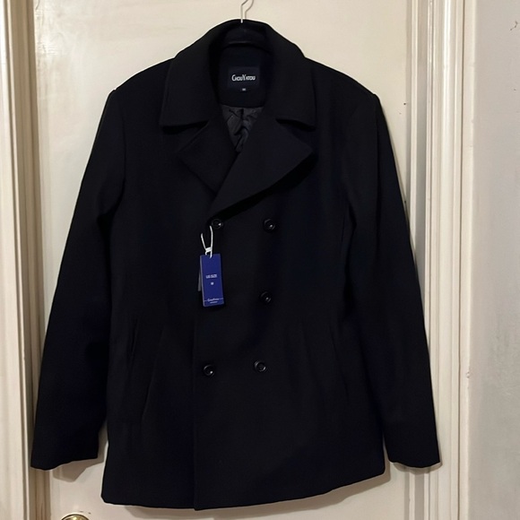 NWT Men's Classic Notched Collar Double Breasted Wool Blend Pea Coat - Picture 1 of 7